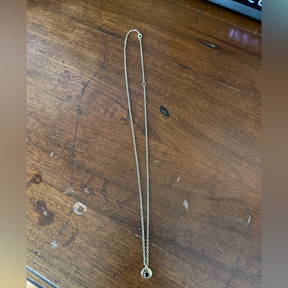 Delicate garnet colored necklace on gold chain.